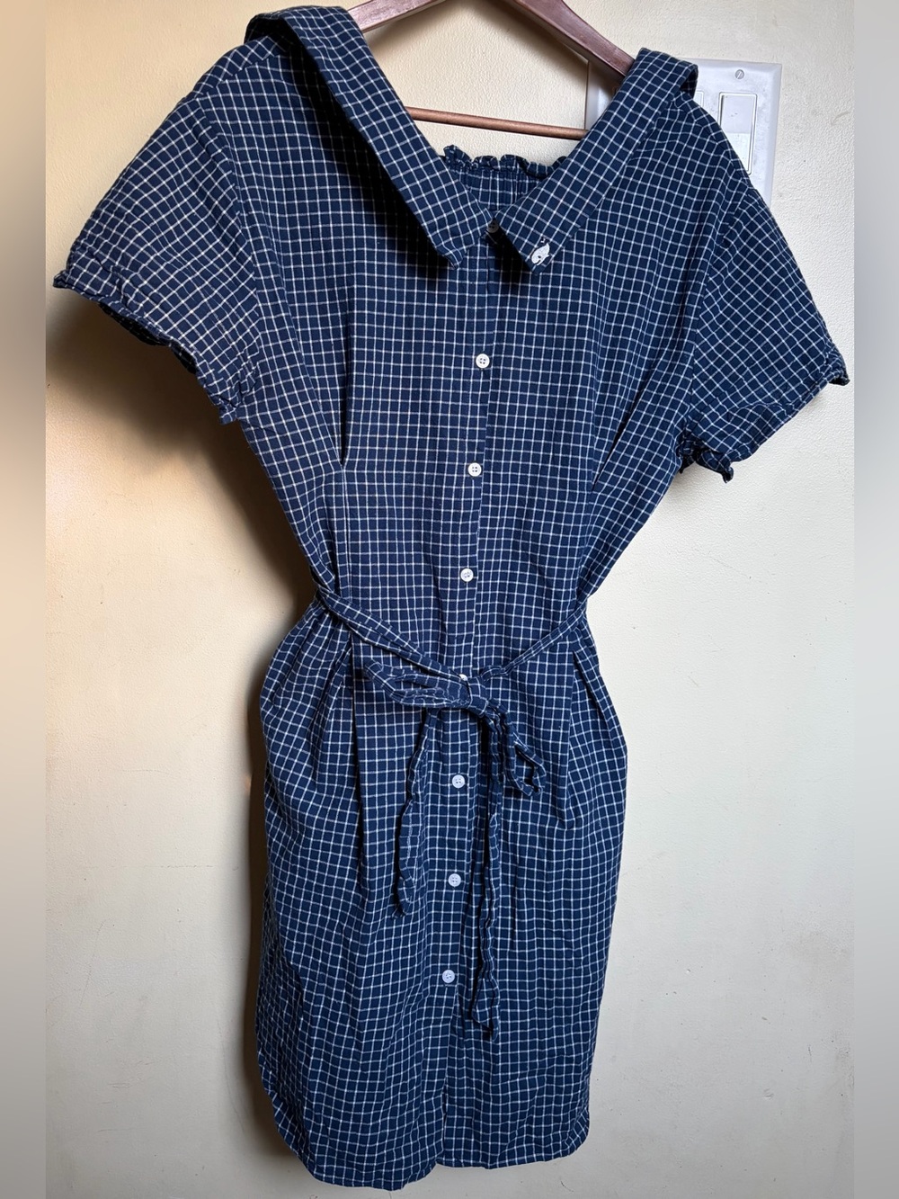Fat Animals Button Up Navy Blue Short Sleeve Collared Tie Waist Dress Size M - Picture 1 of 7